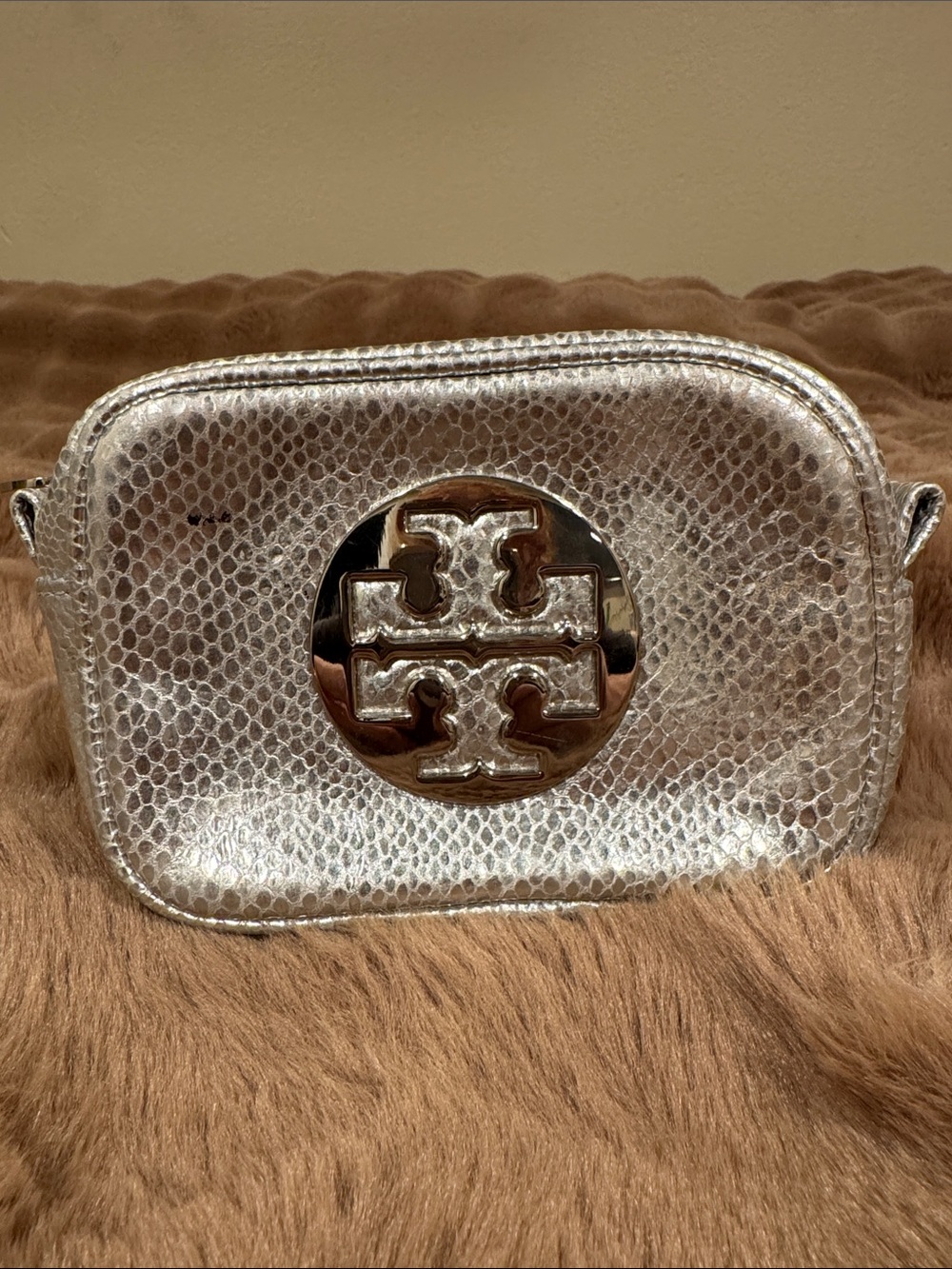 Tory Burch Silver Embossed Makeup Bag